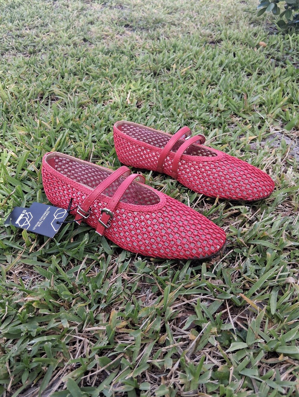 Woven Double-Strap Red Ballet Flats - Picture 2 of 6